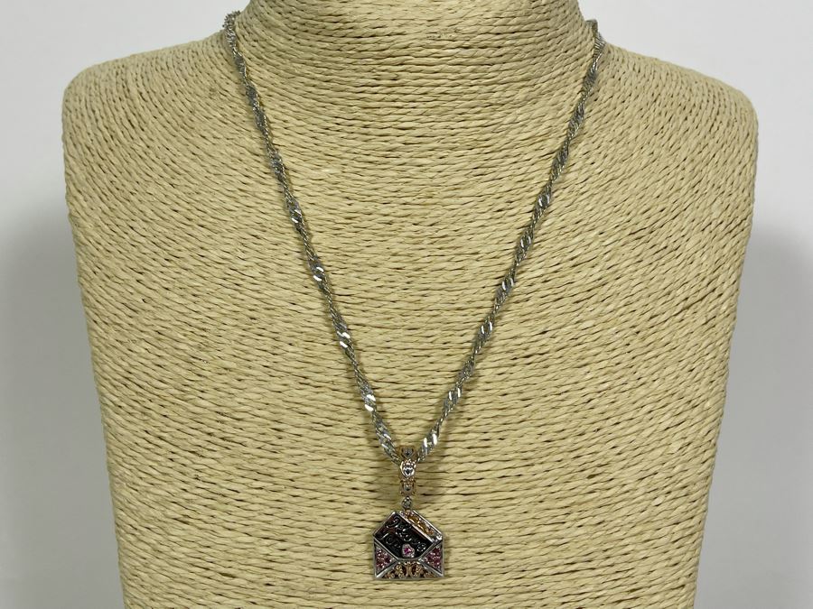 Sterling Silver Pink Sapphire I Love You Charm Pendant With Sterling Silver 18' Chain Necklace 10g [Photo 4]