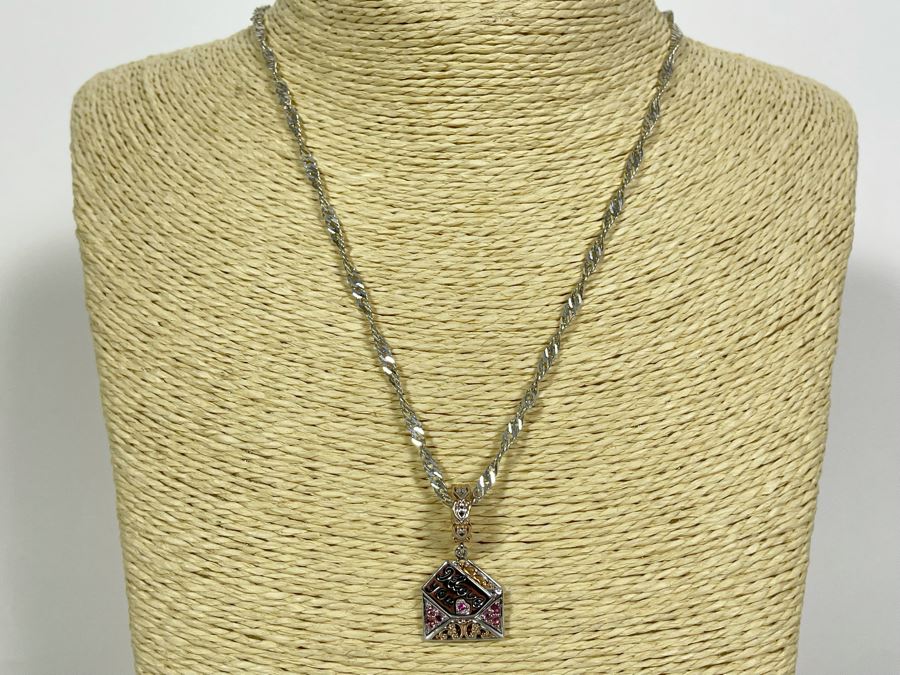 Sterling Silver Pink Sapphire I Love You Charm Pendant With Sterling Silver 18' Chain Necklace 10g [Photo 2]
