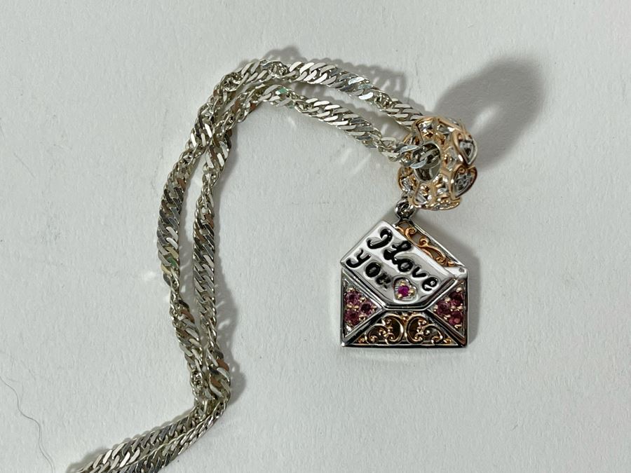 Sterling Silver Pink Sapphire I Love You Charm Pendant With Sterling Silver 18' Chain Necklace 10g [Photo 7]