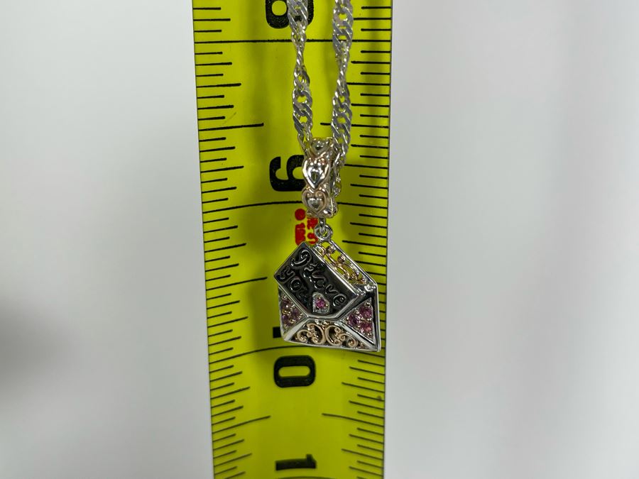 Sterling Silver Pink Sapphire I Love You Charm Pendant With Sterling Silver 18' Chain Necklace 10g [Photo 11]