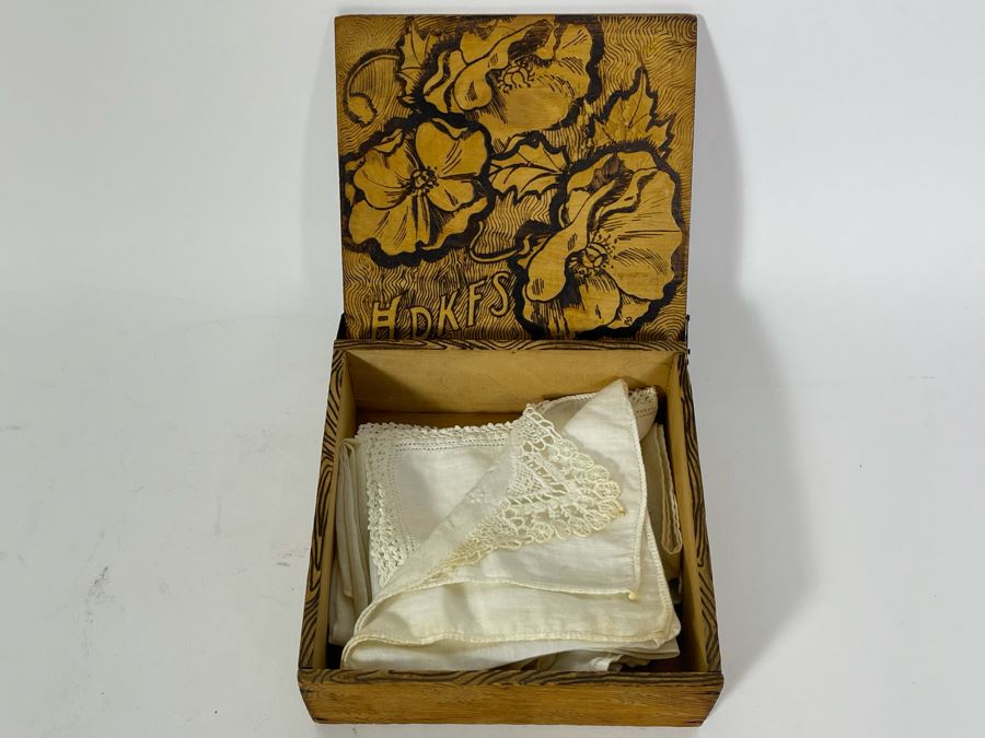 Antique Signed HDKFS Pyrography Burnt Wooden Box With Vintage Handkerchiefs Flemish Art 6W X 6D X 2H [Photo 3]