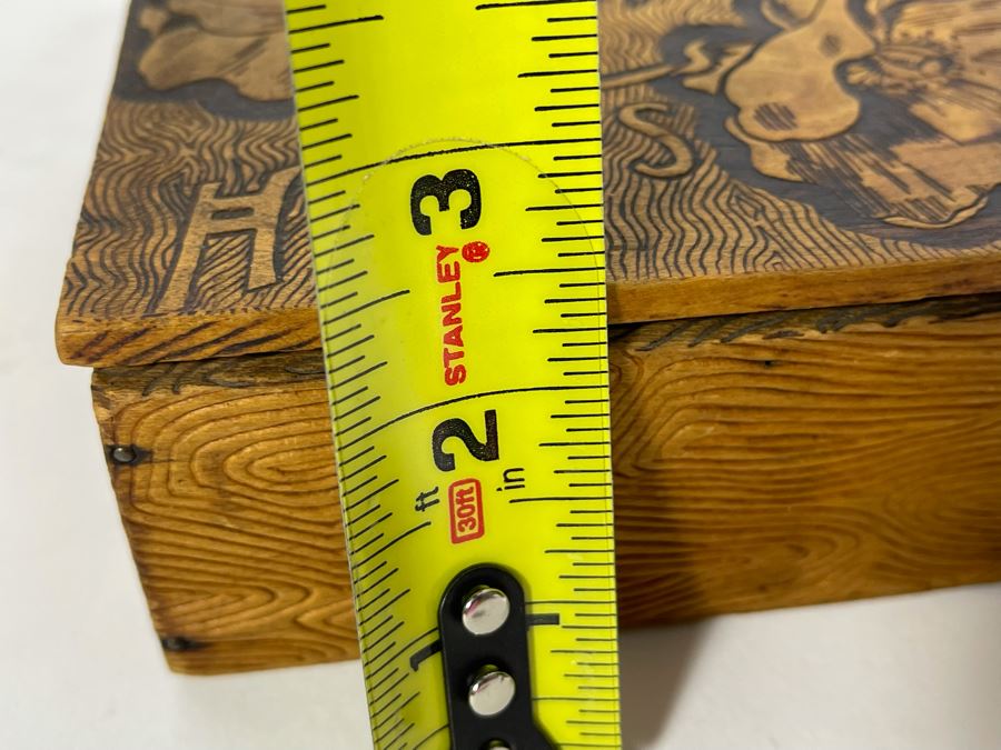 Antique Signed HDKFS Pyrography Burnt Wooden Box With Vintage Handkerchiefs Flemish Art 6W X 6D X 2H [Photo 9]