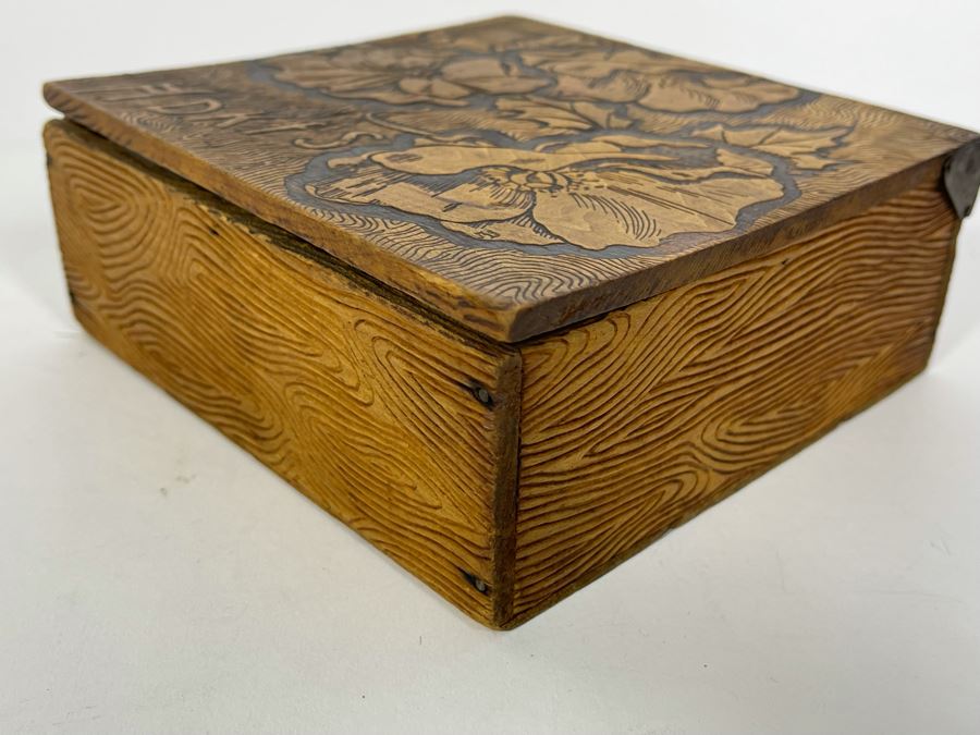 Antique Signed HDKFS Pyrography Burnt Wooden Box With Vintage Handkerchiefs Flemish Art 6W X 6D X 2H [Photo 6]