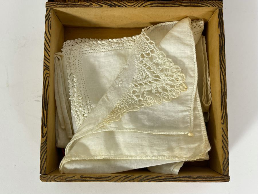 Antique Signed HDKFS Pyrography Burnt Wooden Box With Vintage Handkerchiefs Flemish Art 6W X 6D X 2H [Photo 5]