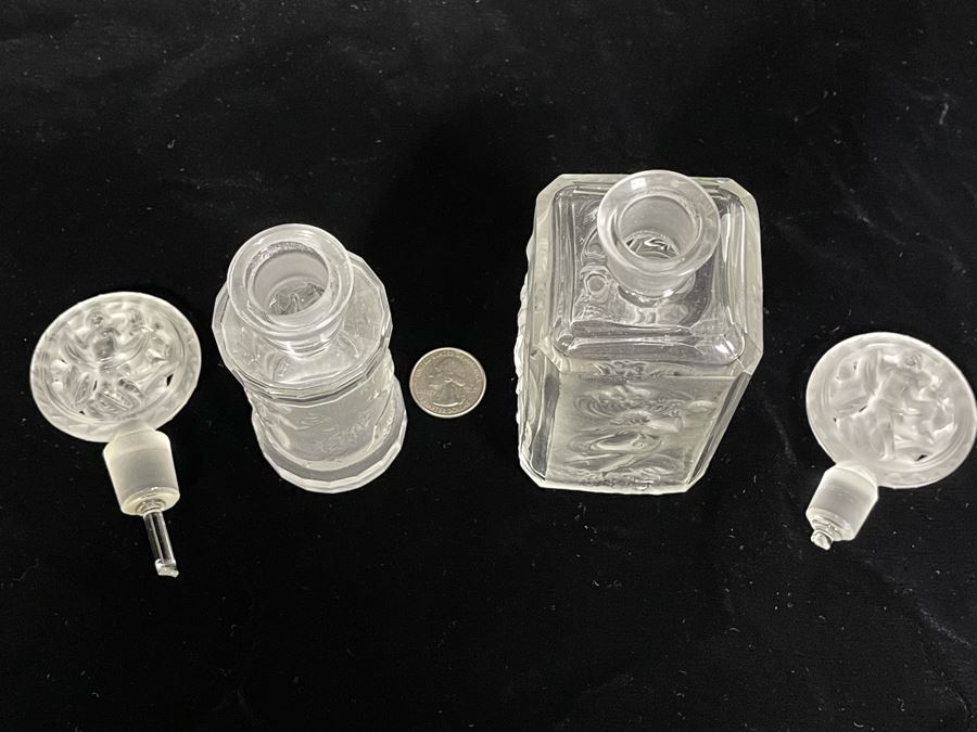 Pair Of Vintage 1930s Czechoslovakian Clear And Frosted Crystal Perfume Scent Bottles 6H And 7H (Note Both Stopper Stems Are Broken As Shown In Photos) [Photo 2]
