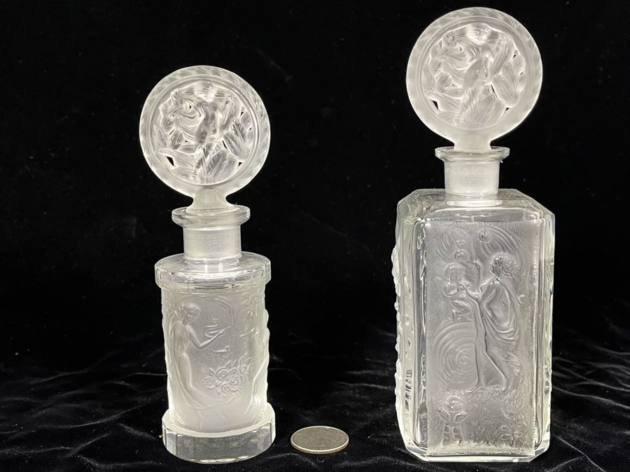 Pair Of Vintage 1930s Czechoslovakian Clear And Frosted Crystal Perfume Scent Bottles 6H And 7H (Note Both Stopper Stems Are Broken As Shown In Photos) [Photo 12]