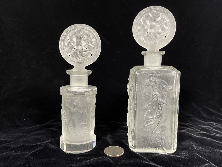 Pair Of Vintage 1930s Czechoslovakian Clear And Frosted Crystal Perfume Scent Bottles 6H And 7H (Note Both Stopper Stems Are Broken As Shown In Photos)