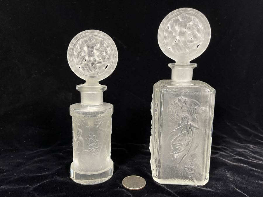 Pair Of Vintage 1930s Czechoslovakian Clear And Frosted Crystal Perfume Scent Bottles 6H And 7H (Note Both Stopper Stems Are Broken As Shown In Photos) [Photo 4]