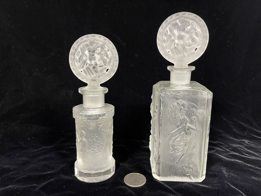Pair Of Vintage 1930s Czechoslovakian Clear And Frosted Crystal Perfume Scent Bottles 6H And 7H (Note Both Stopper Stems Are Broken As Shown In Photos) [Photo 3]