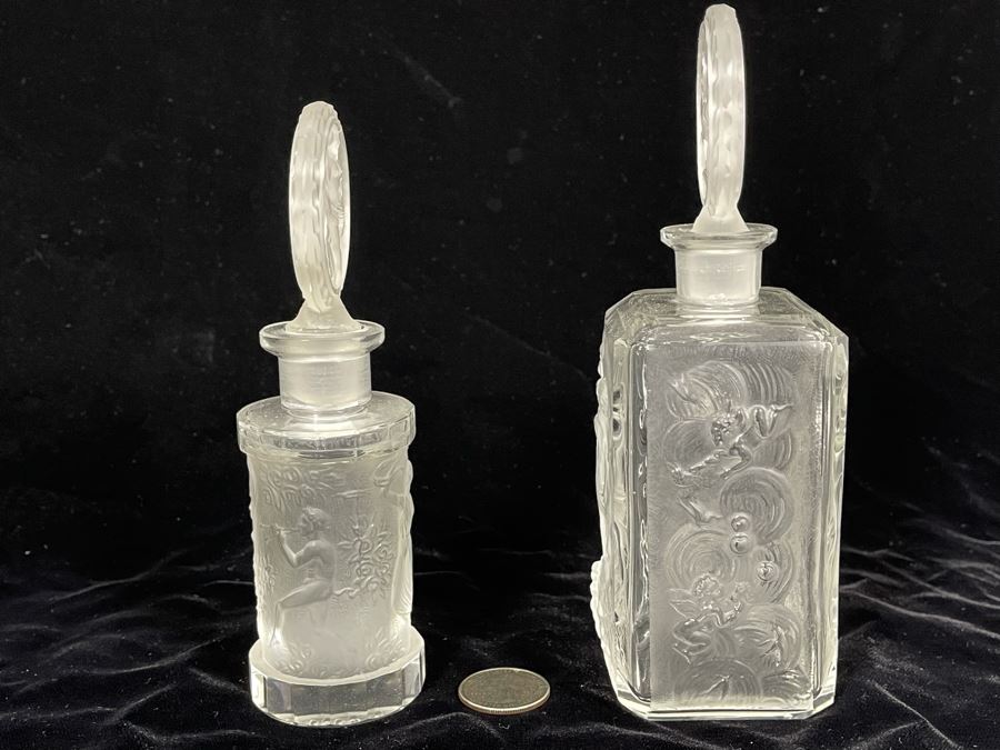 Pair Of Vintage 1930s Czechoslovakian Clear And Frosted Crystal Perfume Scent Bottles 6H And 7H (Note Both Stopper Stems Are Broken As Shown In Photos) [Photo 10]
