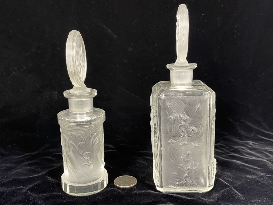 Pair Of Vintage 1930s Czechoslovakian Clear And Frosted Crystal Perfume Scent Bottles 6H And 7H (Note Both Stopper Stems Are Broken As Shown In Photos) [Photo 19]