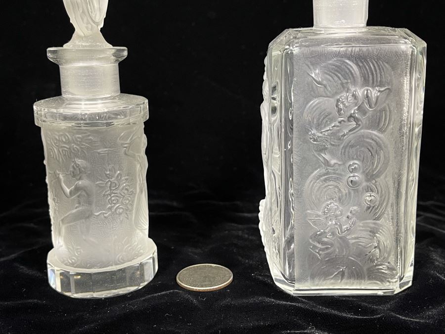 Pair Of Vintage 1930s Czechoslovakian Clear And Frosted Crystal Perfume Scent Bottles 6H And 7H (Note Both Stopper Stems Are Broken As Shown In Photos) [Photo 11]