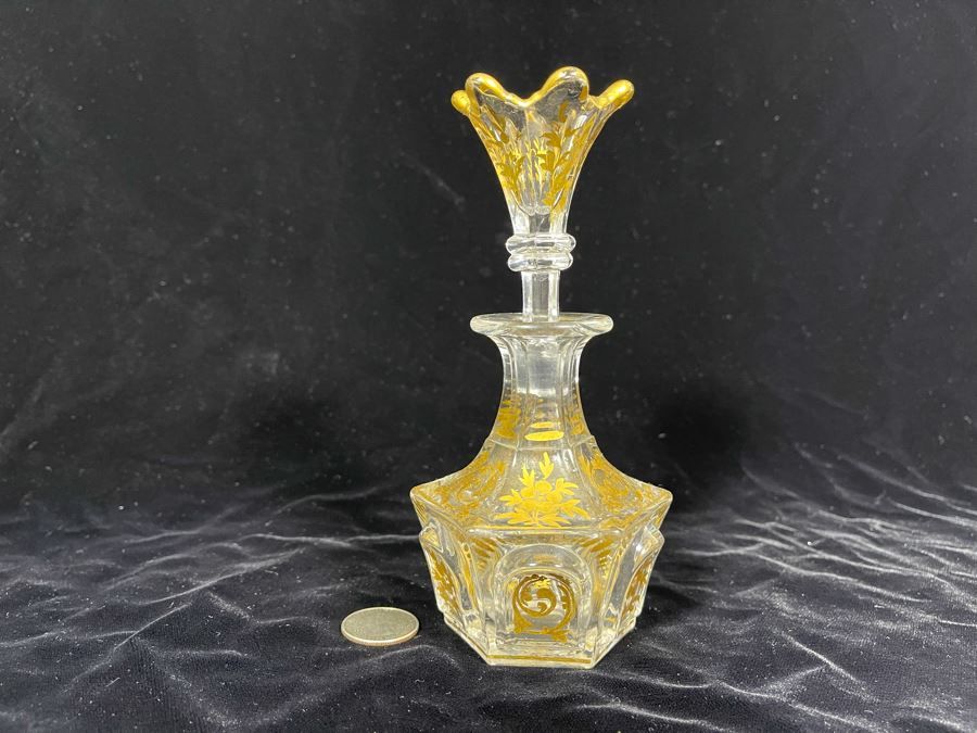 Vintage Gold Painted Glass Perfume Bottle 7H [Photo 4]