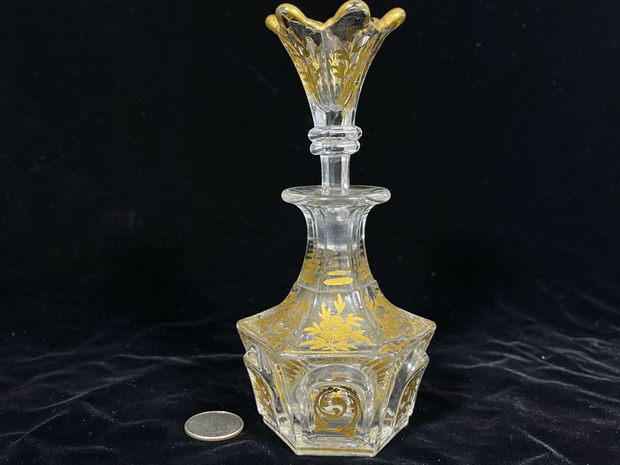 Vintage Gold Painted Glass Perfume Bottle 7H