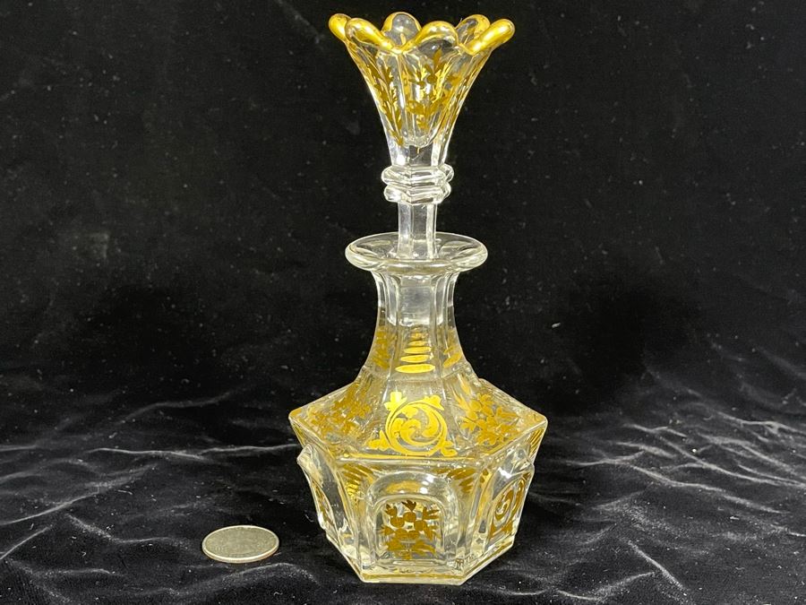 Vintage Gold Painted Glass Perfume Bottle 7H [Photo 2]