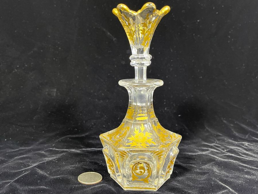 Vintage Gold Painted Glass Perfume Bottle 7H [Photo 3]