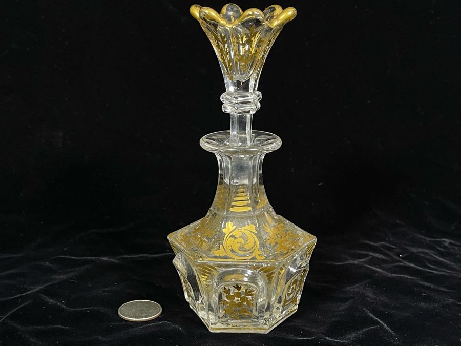 Vintage Gold Painted Glass Perfume Bottle 7H [Photo 7]