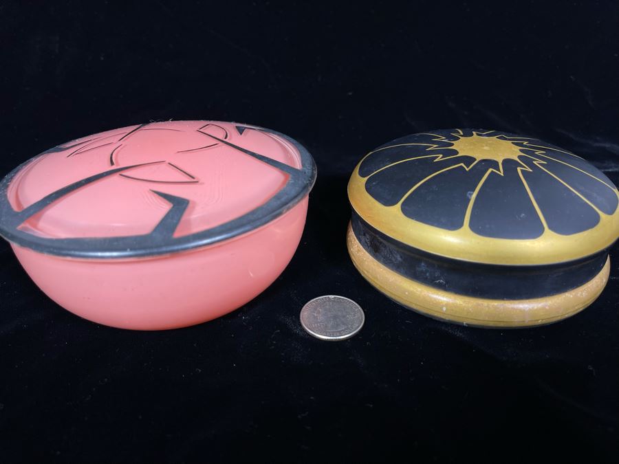 Pair Of Art Deco Lidded Powder Jars Gold And Black Is DeVilbiss [Photo 5]