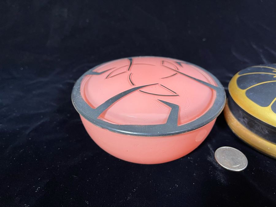 Pair Of Art Deco Lidded Powder Jars Gold And Black Is DeVilbiss [Photo 6]