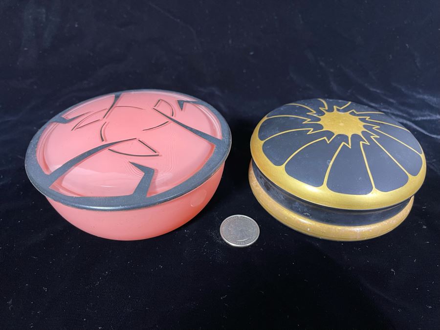 Pair Of Art Deco Lidded Powder Jars Gold And Black Is DeVilbiss [Photo 4]