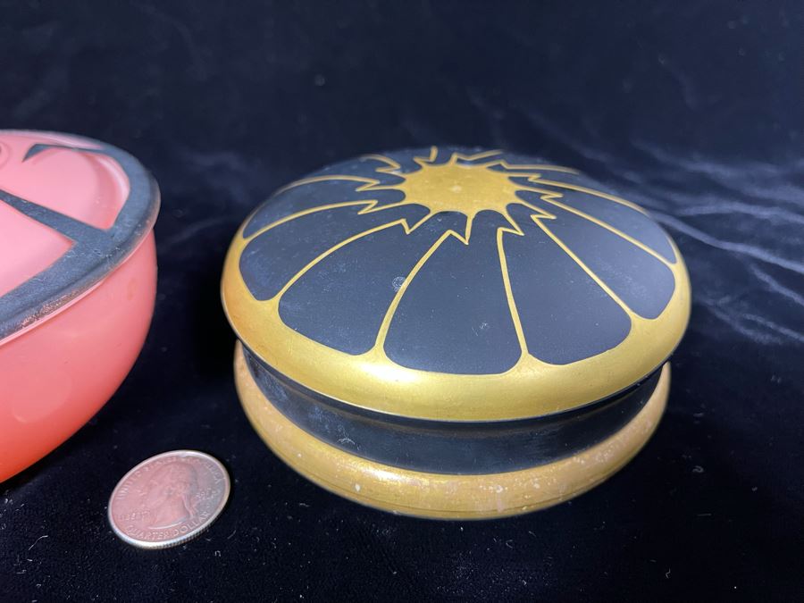 Pair Of Art Deco Lidded Powder Jars Gold And Black Is DeVilbiss [Photo 7]