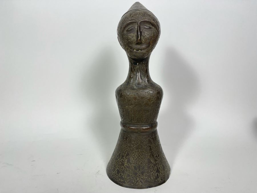 Very Old Persian Qajar Islamic Chased Hammered Metal Figure Figurine 5.5W X 13H [Photo 3]