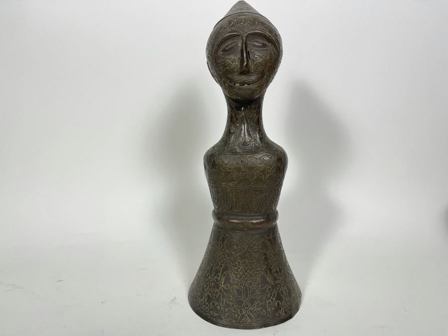 Very Old Persian Qajar Islamic Chased Hammered Metal Figure Figurine 5.5W X 13H [Photo 6]