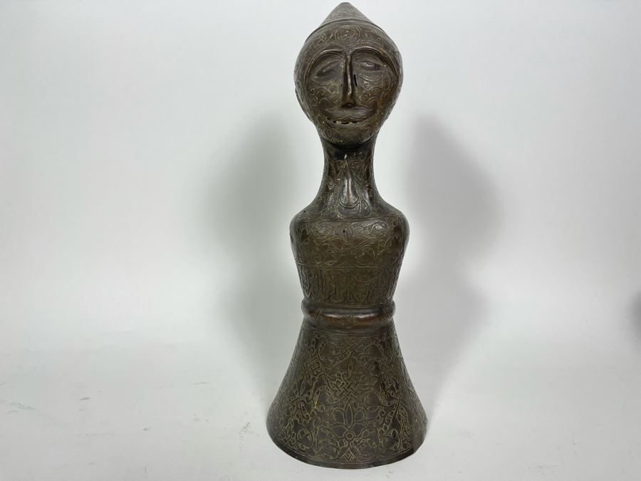 Very Old Persian Qajar Islamic Chased Hammered Metal Figure Figurine 5.5W X 13H [Photo 2]