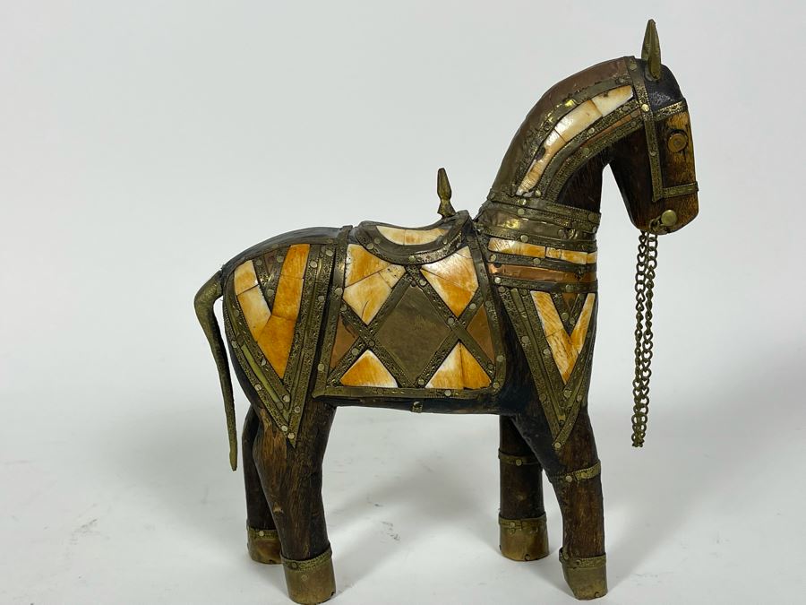 Vintage Wooden Bone Inlay And Brass Horse Figurine 7W X 8H [Photo 1]