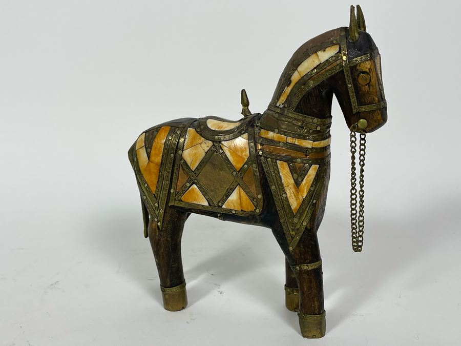 Vintage Wooden Bone Inlay And Brass Horse Figurine 7W X 8H [Photo 2]
