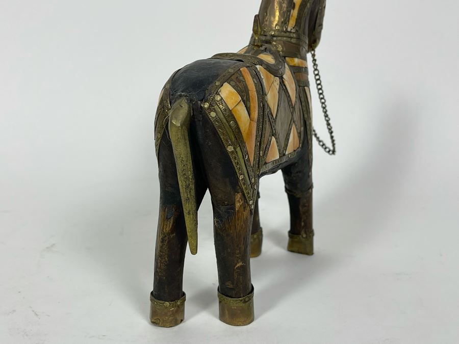 Vintage Wooden Bone Inlay And Brass Horse Figurine 7W X 8H [Photo 5]