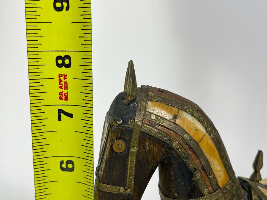 Vintage Wooden Bone Inlay And Brass Horse Figurine 7W X 8H [Photo 8]