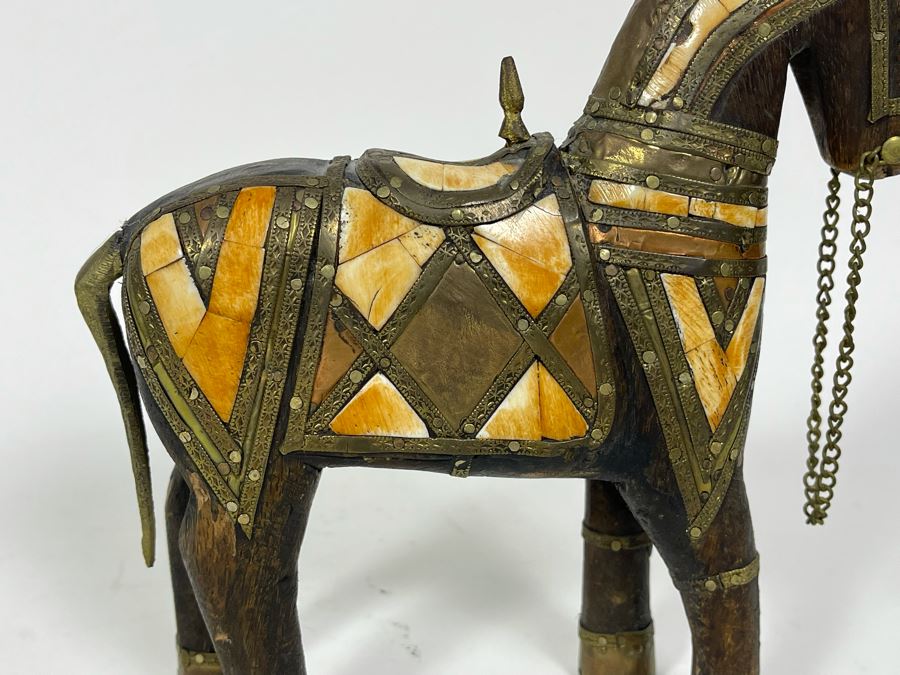 Vintage Wooden Bone Inlay And Brass Horse Figurine 7W X 8H [Photo 4]