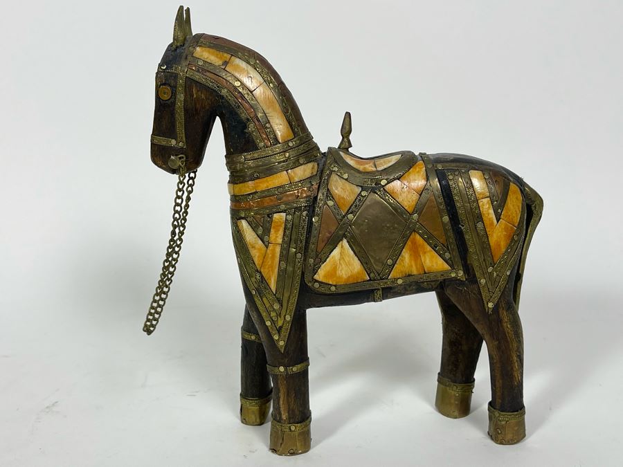 Vintage Wooden Bone Inlay And Brass Horse Figurine 7W X 8H [Photo 6]