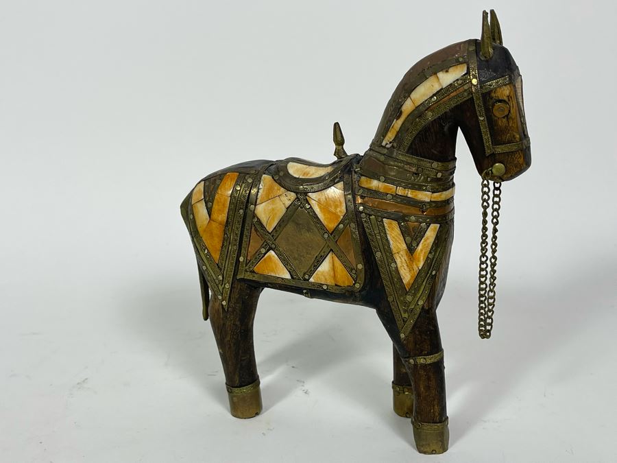 Vintage Wooden Bone Inlay And Brass Horse Figurine 7W X 8H [Photo 3]