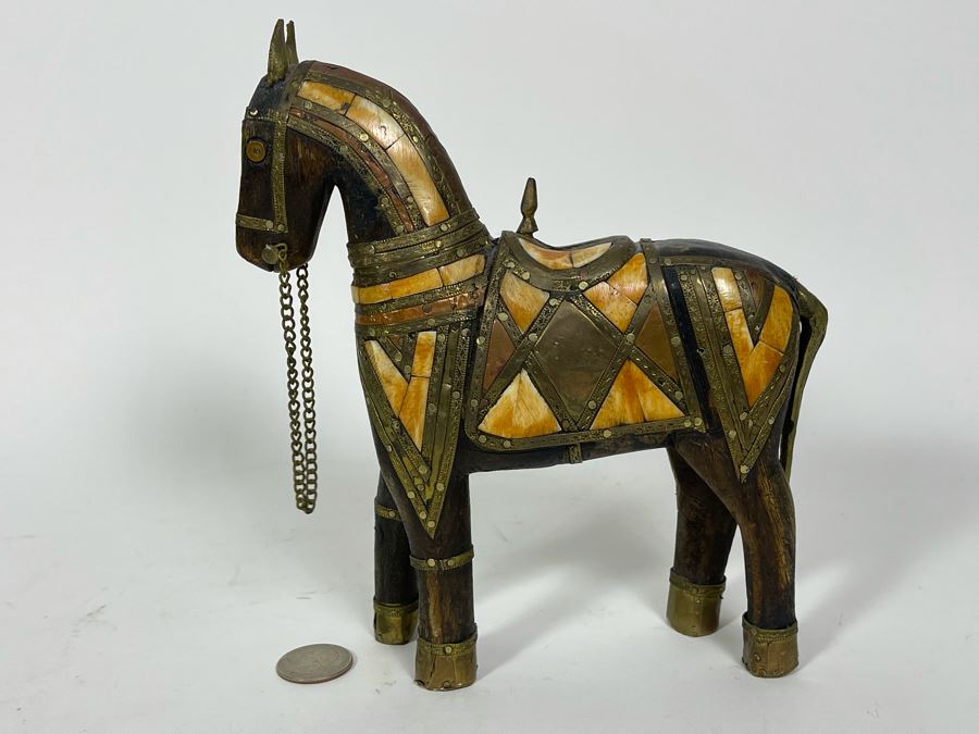 Vintage Wooden Bone Inlay And Brass Horse Figurine 7W X 8H [Photo 7]