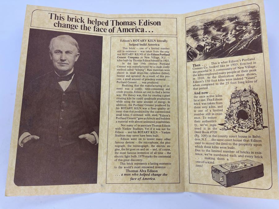 Brick From The Historic Rotary Kilns Of Thomas Alva Edison Built In 1903 By Edison Limited Number 8.25W X 3.5H X 2.5D [Photo 5]