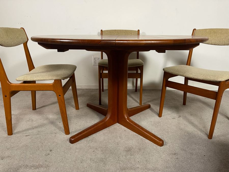 Danish Mid-Century Modern Solid Teak Dining Set With Four Chairs And 4' Round Dining Table With 20' Leaf Extension By Findahls Made In Denmark [Photo 9]