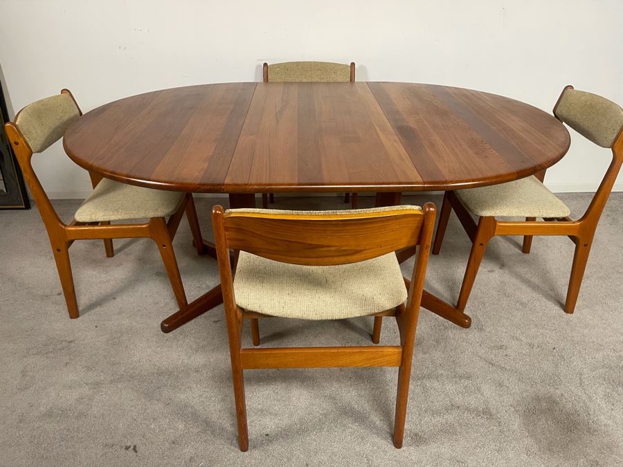 Danish Mid-Century Modern Solid Teak Dining Set With Four Chairs And 4' Round Dining Table With 20' Leaf Extension By Findahls Made In Denmark [Photo 18]