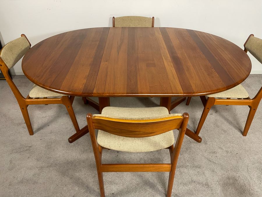 Danish Mid-Century Modern Solid Teak Dining Set With Four Chairs And 4' Round Dining Table With 20' Leaf Extension By Findahls Made In Denmark [Photo 20]