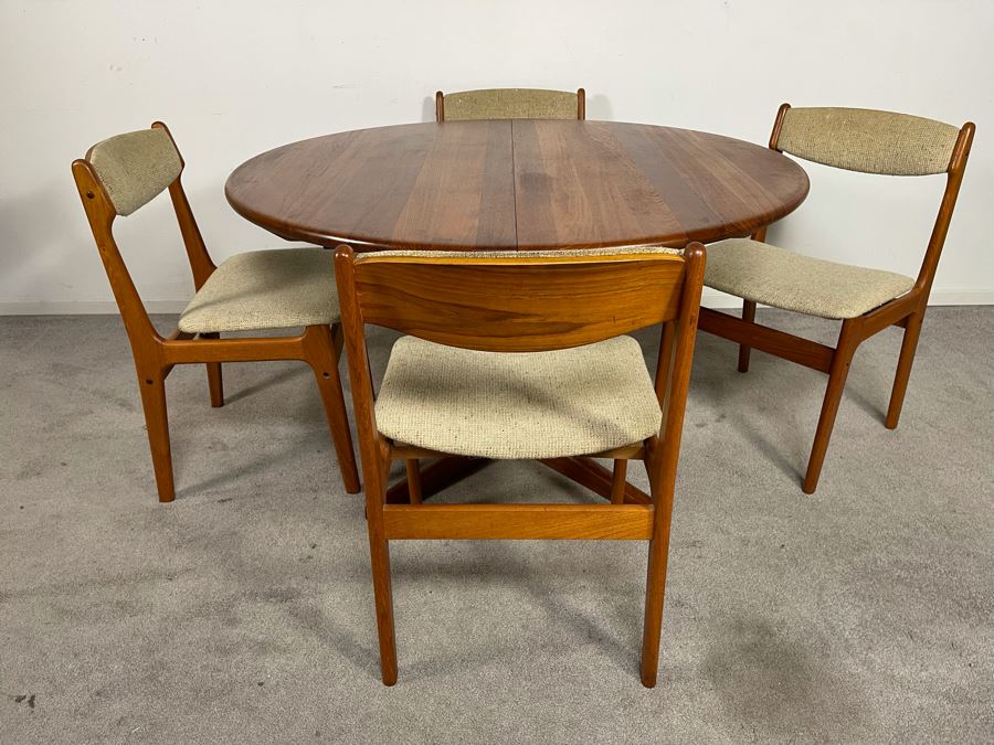 Danish Mid-Century Modern Solid Teak Dining Set With Four Chairs And 4' Round Dining Table With 20' Leaf Extension By Findahls Made In Denmark [Photo 12]