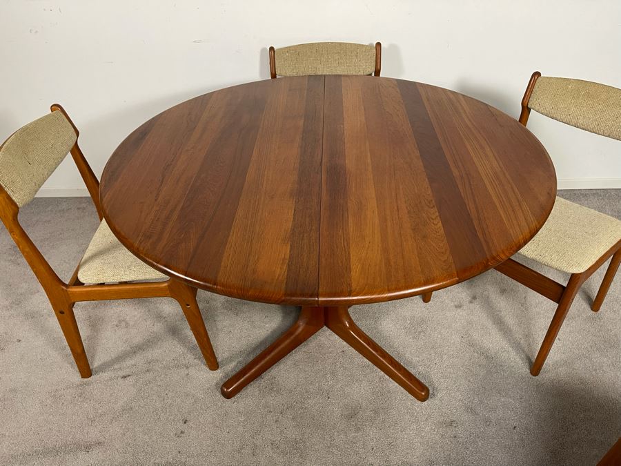 Danish Mid-Century Modern Solid Teak Dining Set With Four Chairs And 4' Round Dining Table With 20' Leaf Extension By Findahls Made In Denmark [Photo 10]