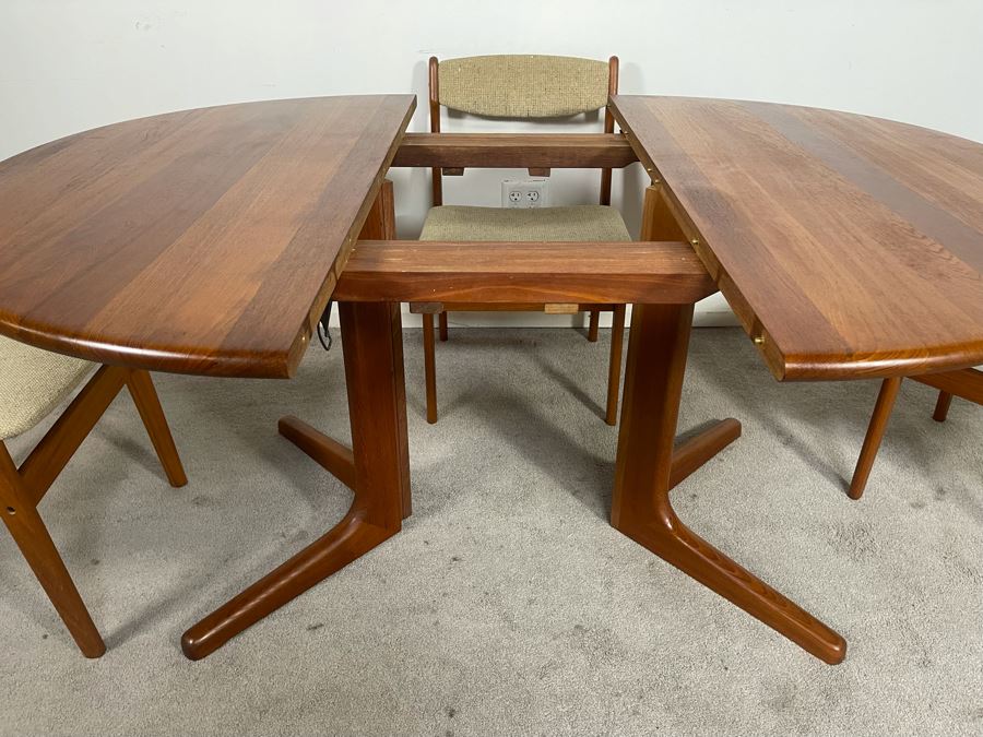 Danish Mid-Century Modern Solid Teak Dining Set With Four Chairs And 4' Round Dining Table With 20' Leaf Extension By Findahls Made In Denmark [Photo 2]