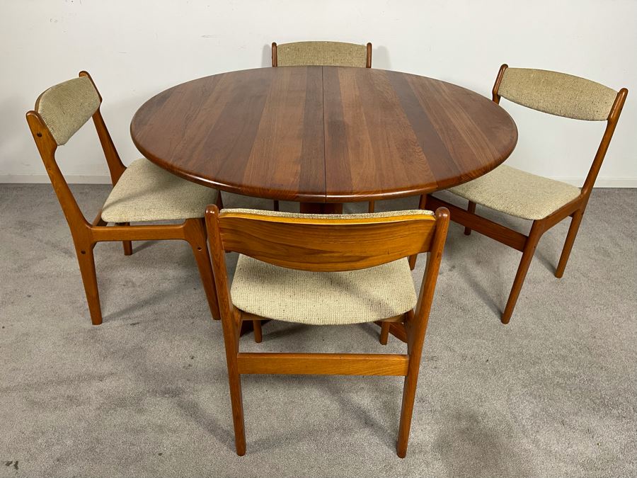 Danish Mid-Century Modern Solid Teak Dining Set With Four Chairs And 4' Round Dining Table With 20' Leaf Extension By Findahls Made In Denmark [Photo 14]