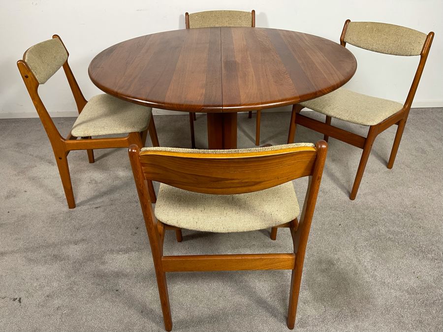 Danish Mid-Century Modern Solid Teak Dining Set With Four Chairs And 4' Round Dining Table With 20' Leaf Extension By Findahls Made In Denmark [Photo 6]