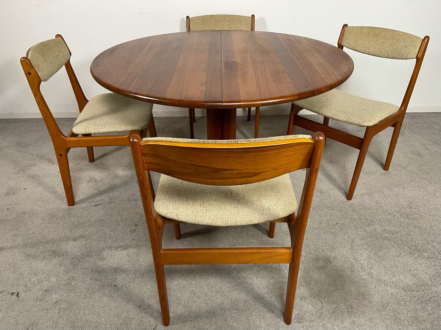 Danish Mid-Century Modern Solid Teak Dining Set With Four Chairs And 4' Round Dining Table With 20' Leaf Extension By Findahls Made In Denmark [Photo 5]