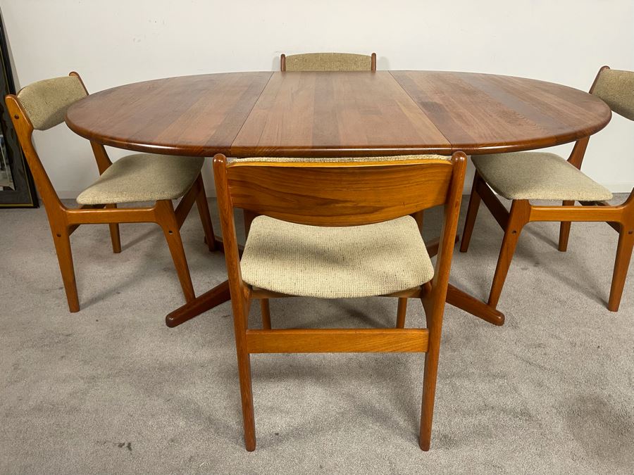 Danish Mid-Century Modern Solid Teak Dining Set With Four Chairs And 4' Round Dining Table With 20' Leaf Extension By Findahls Made In Denmark [Photo 19]