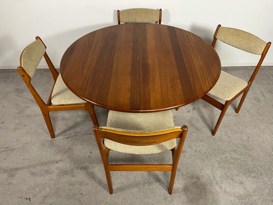 Danish Mid-Century Modern Solid Teak Dining Set With Four Chairs And 4' Round Dining Table With 20' Leaf Extension By Findahls Made In Denmark [Photo 15]