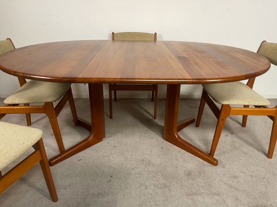 Danish Mid-Century Modern Solid Teak Dining Set With Four Chairs And 4' Round Dining Table With 20' Leaf Extension By Findahls Made In Denmark [Photo 21]