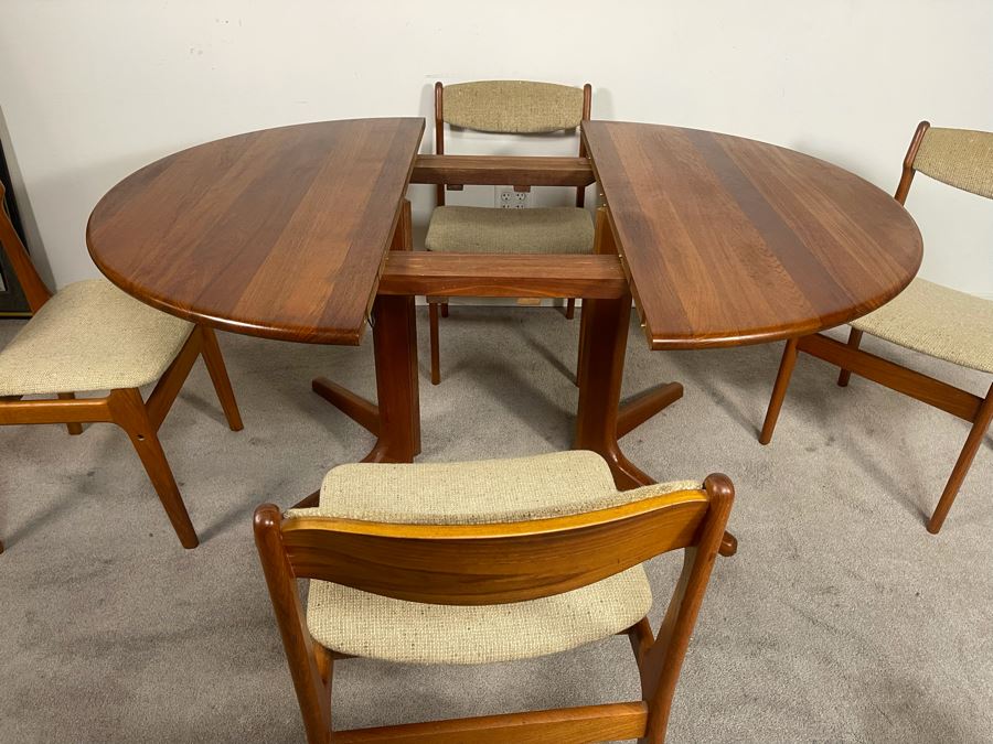 Danish Mid-Century Modern Solid Teak Dining Set With Four Chairs And 4' Round Dining Table With 20' Leaf Extension By Findahls Made In Denmark [Photo 17]